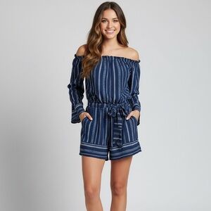 TRAC Blue Striped off the Shoulder Romper